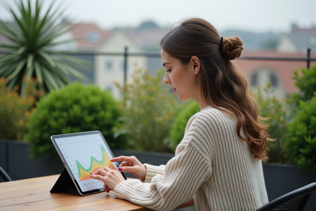 Jeune femme étudiant un graphique bioclimatique sur sa tablette en extérieur