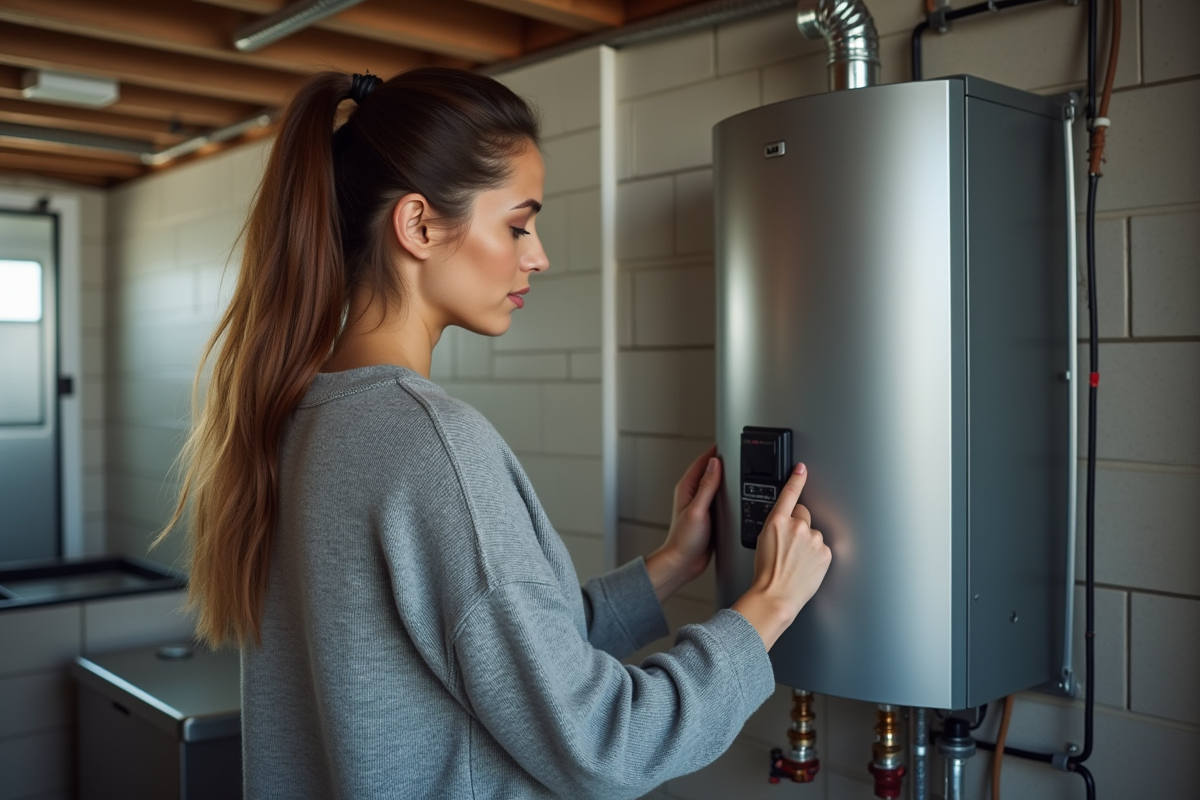 Jeune femme vérifiant un disjoncteur dans un sous-sol