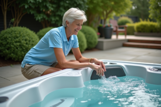 Femme vérifiant le système de filtration d'un spa extérieur