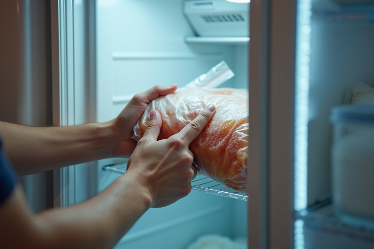 Mains essayant de fermer un congélateur rempli avec sacs de nourriture