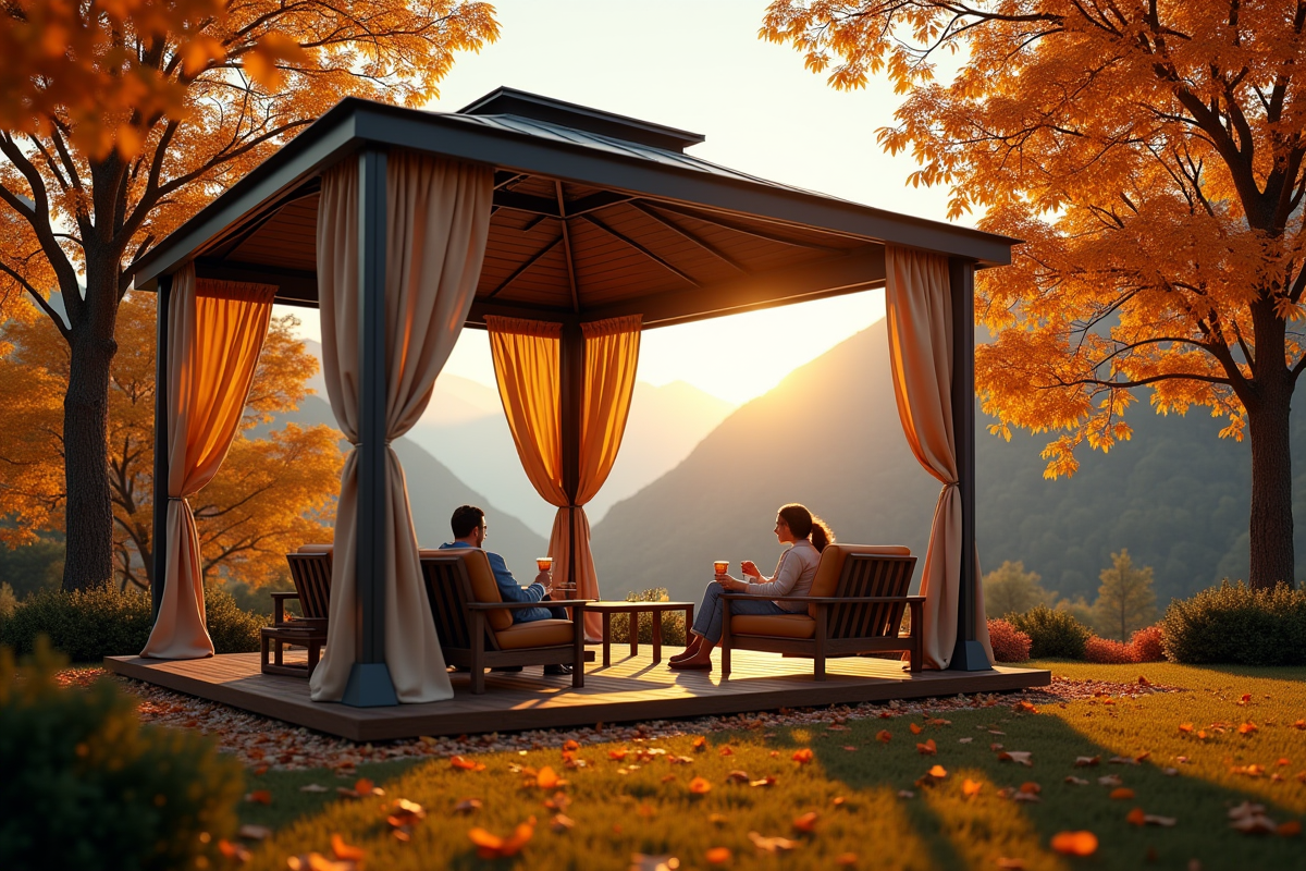 Gazebo en métal avec rideaux en automne et détente en soirée