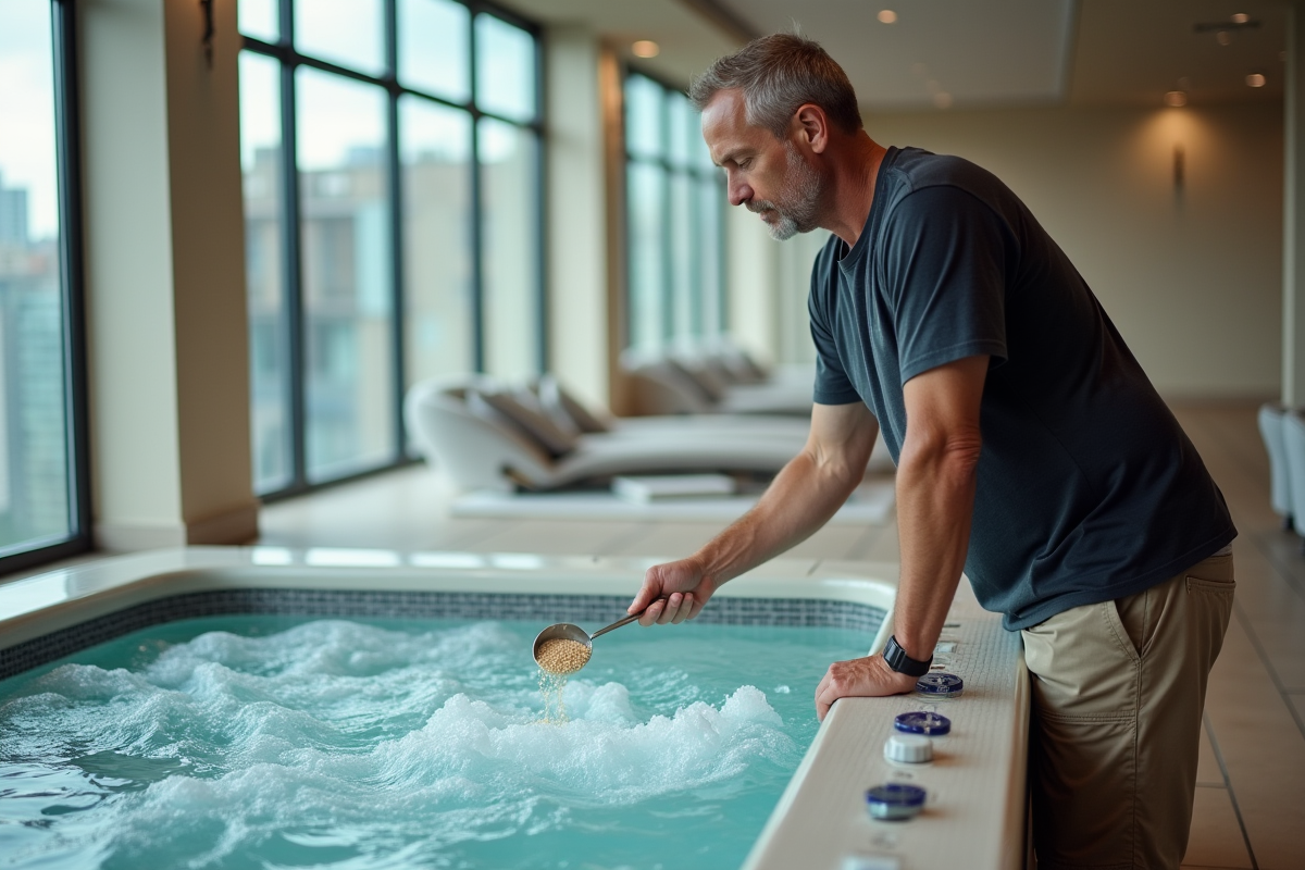 Homme versant du chlore dans un spa intérieur