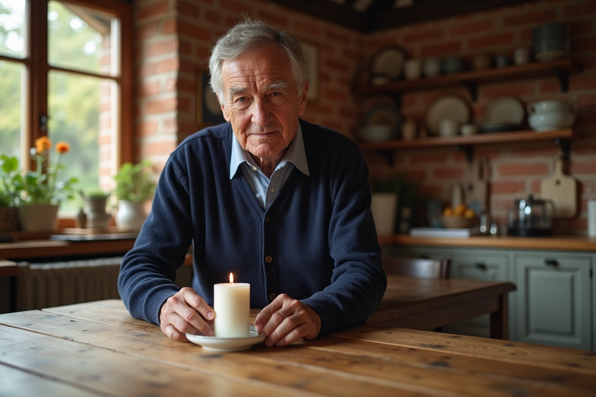 Homme âgé posant une bougie sur une table en cuisine rustique