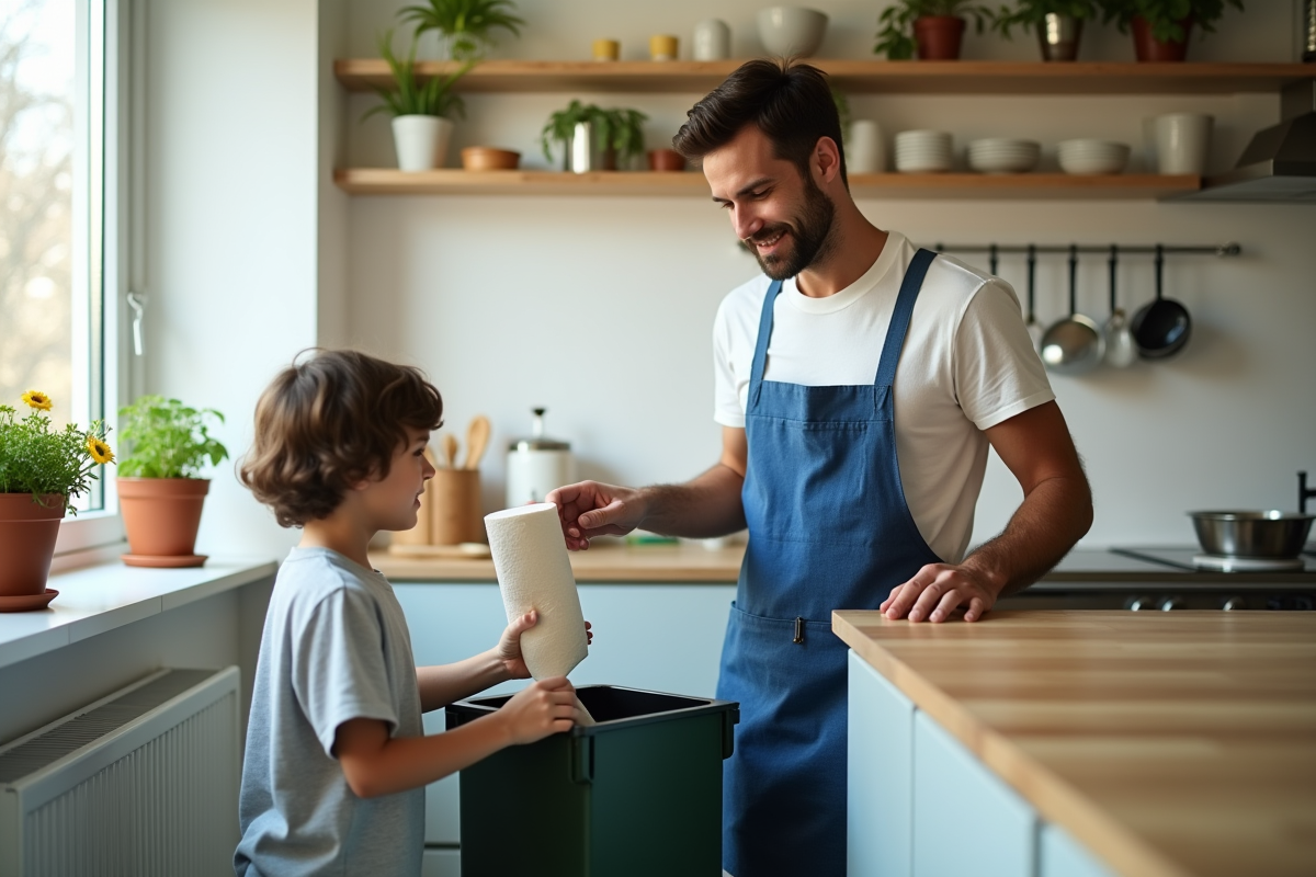 Homme expliquant le compostage à un enfant en cuisine