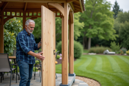 Homme mature examine un panneau en bois dans un jardin