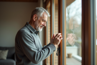 Homme regardant une fenêtre double vitrage dans un salon lumineux