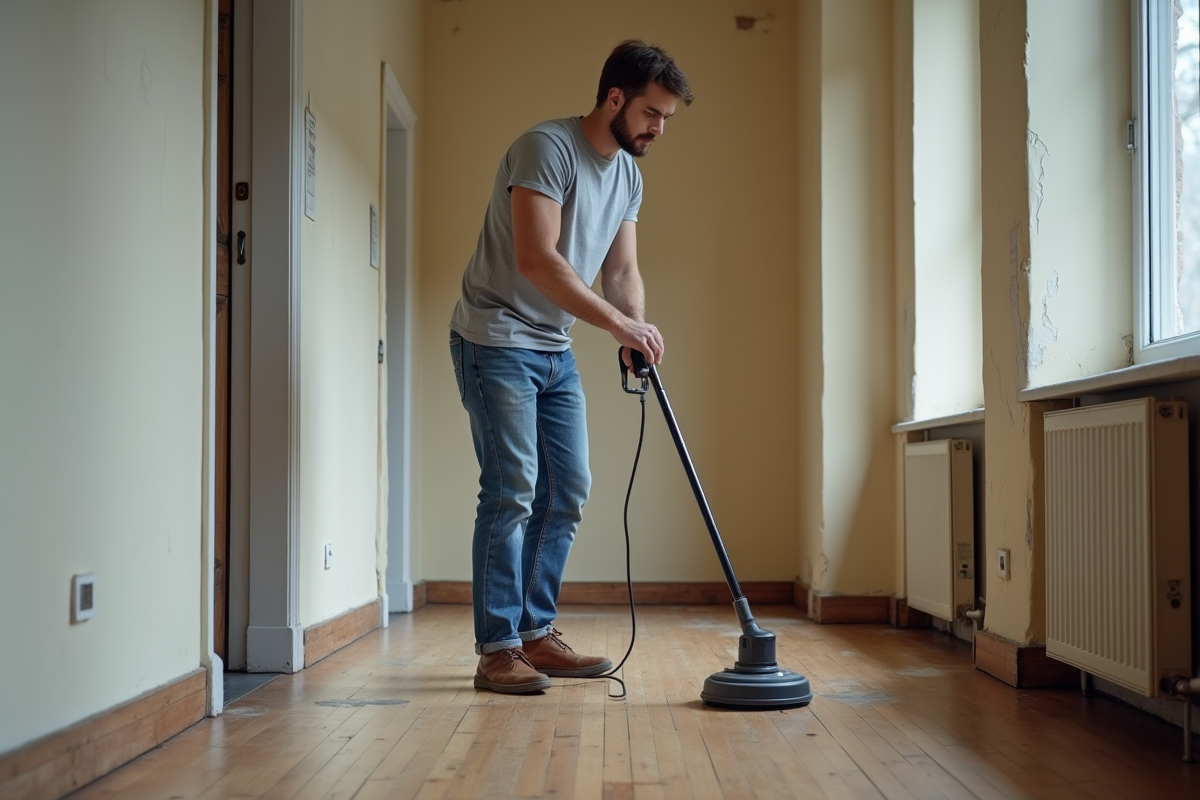 Jeune homme utilisant un buffer sur parquet ancien dans un couloir