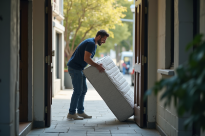 Homme dans la trentaine déplaçant un matelas dans un immeuble moderne
