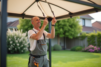 Homme souriant ajustant un gazebo en extérieur dans un jardin
