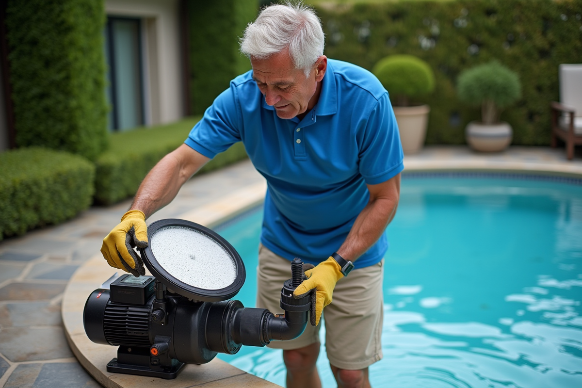 Homme en polo bleu nettoyant une pompe de piscine extérieure