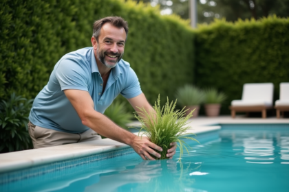 Homme d'âge moyen ajoutant des plantes aquatiques dans la piscine