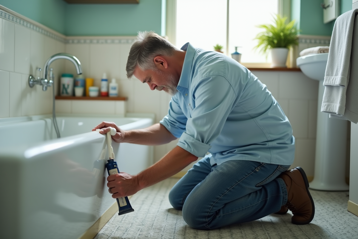 Homme en train de sceller la baignoire dans la salle de bain