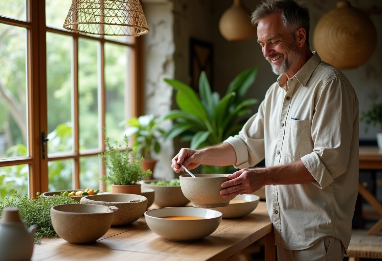 Homme souriant servant une soupe dans une salle à manger naturelle