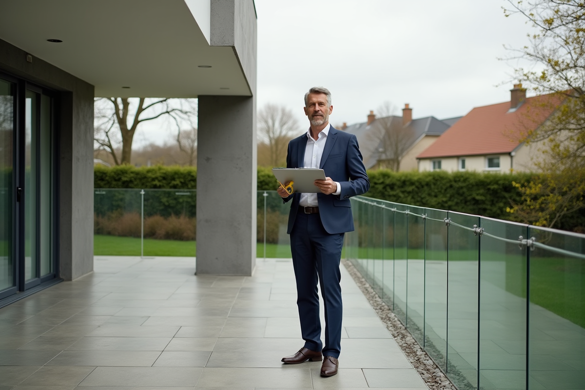 Homme d'âge moyen avec mètre sur terrasse moderne