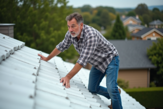 Homme d'âge moyen sur le toit examinant des tuiles isolantes modernes