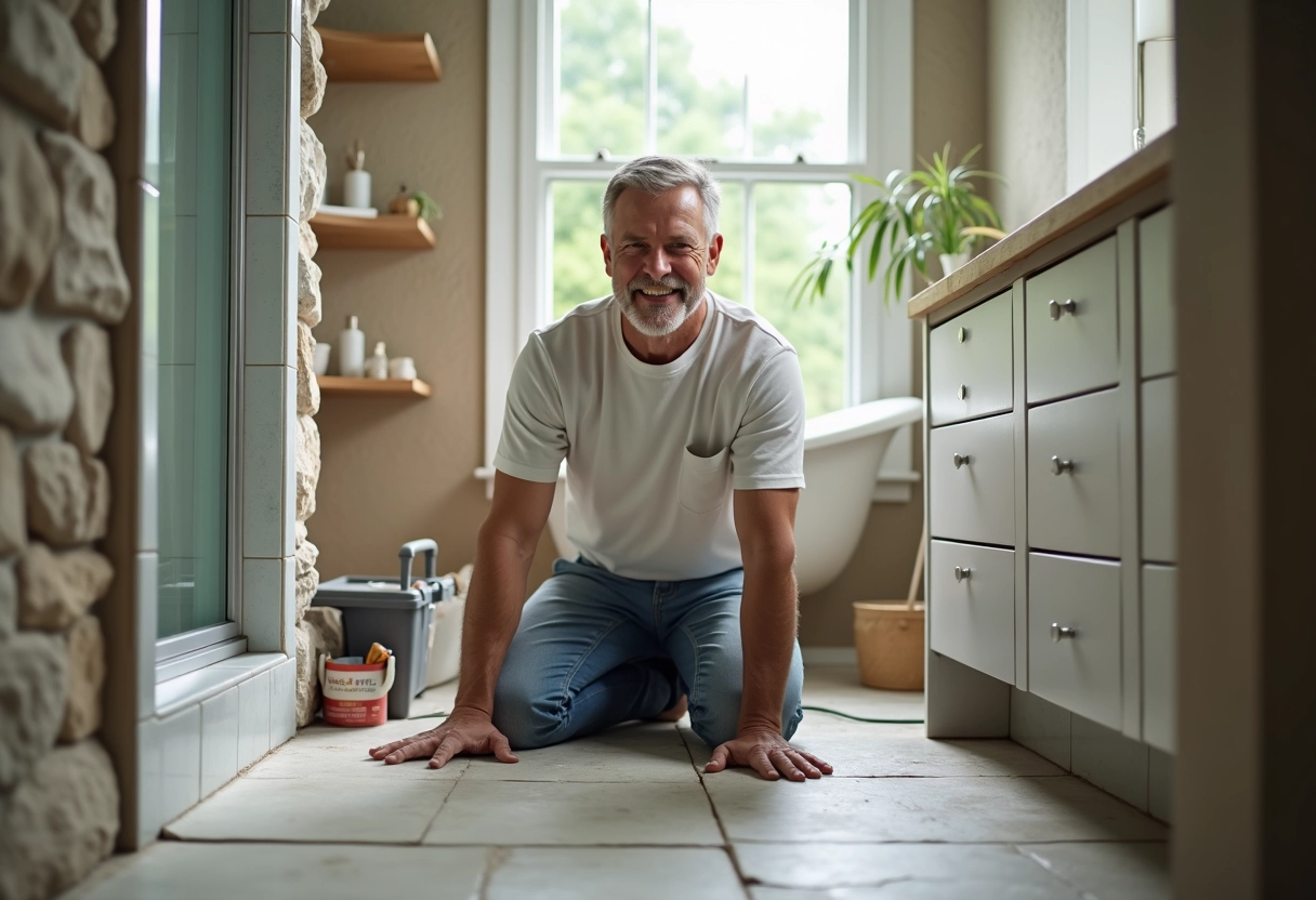 Homme inspectant des carreaux de salle de bain avec satisfaction