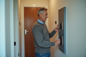 Homme d'âge moyen vérifiant un disjoncteur électrique dans un couloir