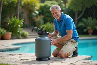 Homme inspectant un filtre de piscine extérieur