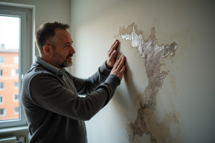 Homme inspectant moisissure sur le mur intérieur