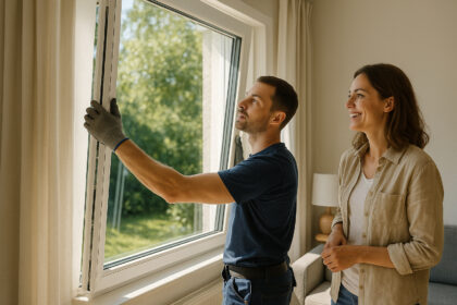 Photo hyperrealiste d'une fenetre moderne en cours d'installation dans un salon lumineux