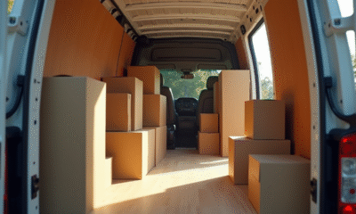 Intérieur organisé d'un camion de déménagement avec meubles et cartons