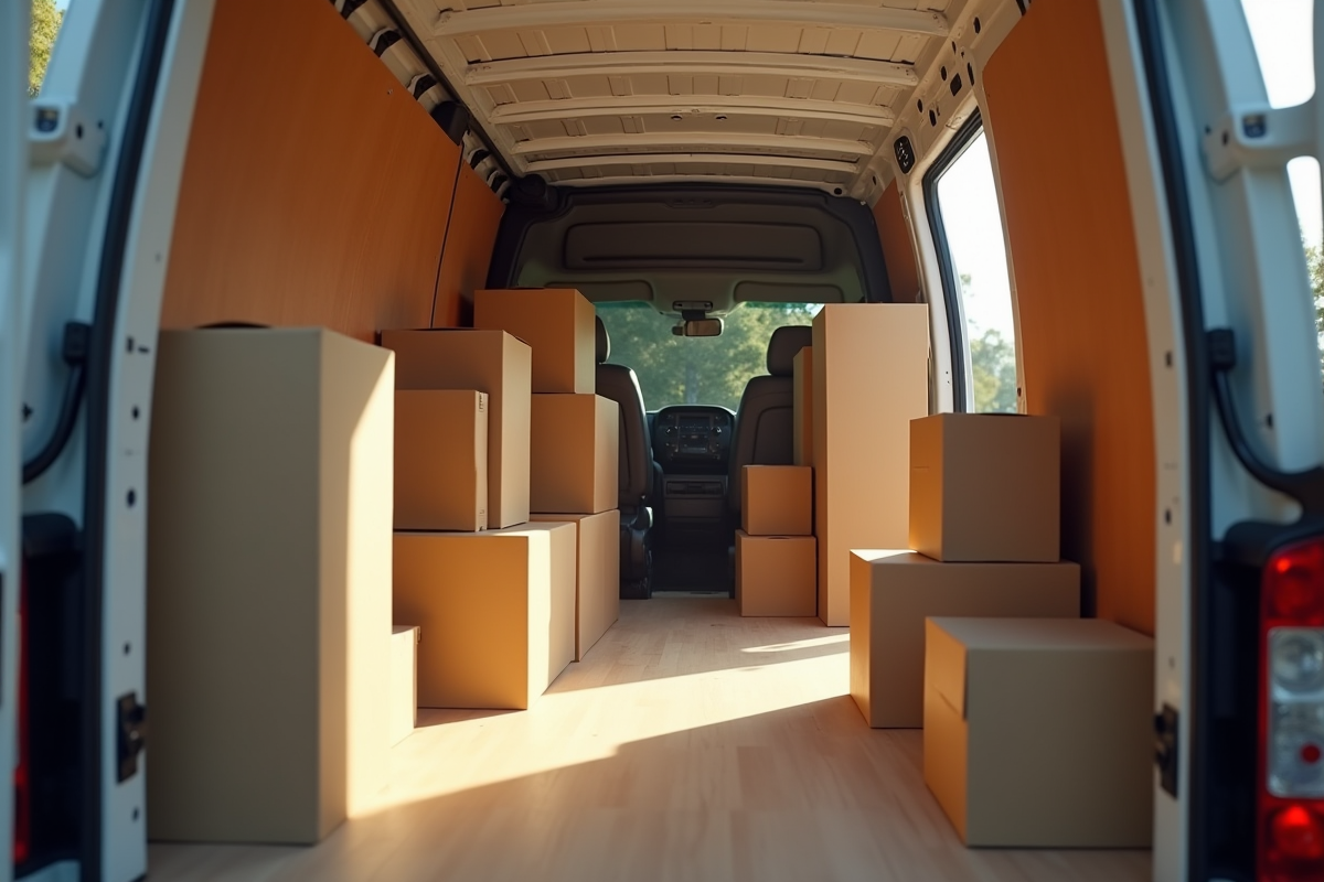 Intérieur organisé d'un camion de déménagement avec meubles et cartons