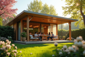 Jardin moderne avec gazebo en bois et famille en plein air