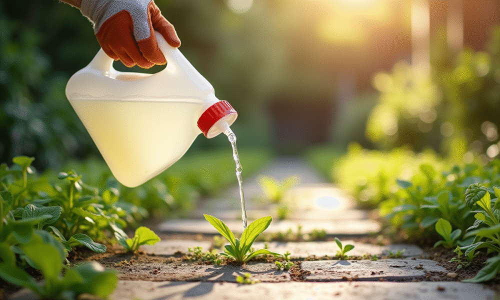 Personne versant du vinaigre blanc sur des mauvaises herbes entre pavés