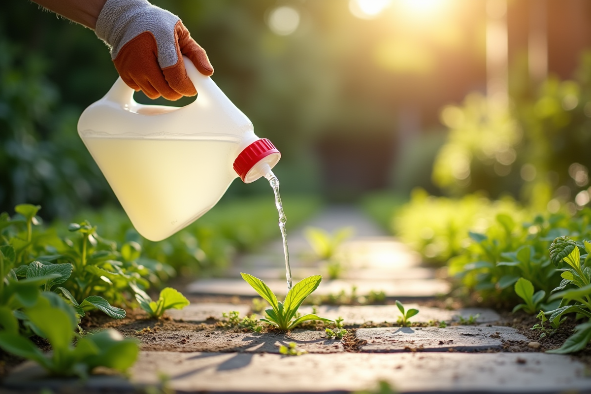 Personne versant du vinaigre blanc sur des mauvaises herbes entre pavés