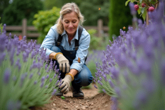 Femme jardiniere observant abeilles sur lavande en plein air
