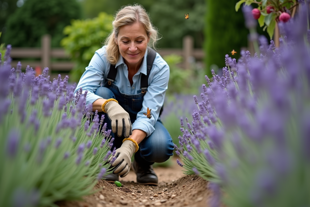 Femme jardiniere observant abeilles sur lavande en plein air