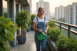 Femme jardinant sur balcon urbain avec plantes vertes