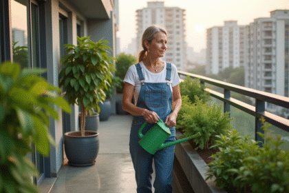 Femme jardinant sur balcon urbain avec plantes vertes