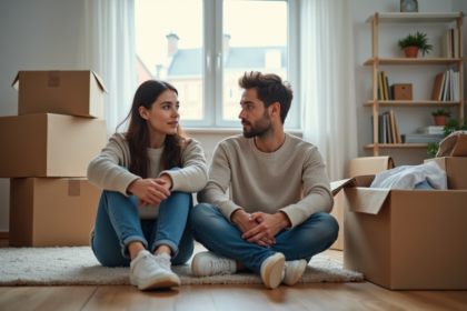Jeune couple assis sur le sol en pleine transition