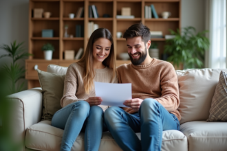 Jeune couple souriant discutant contrat de location dans un salon