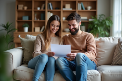 Jeune couple souriant discutant contrat de location dans un salon