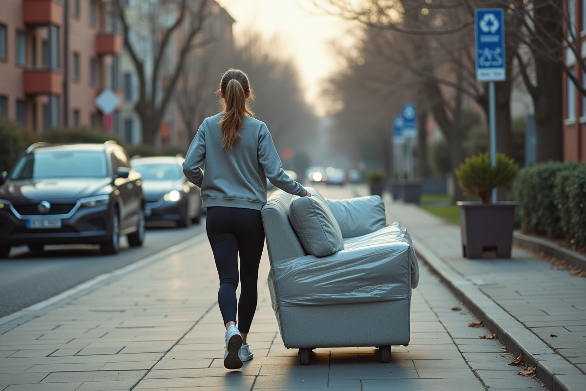 Une femme sort un vieux canapé pour le recyclage en ville