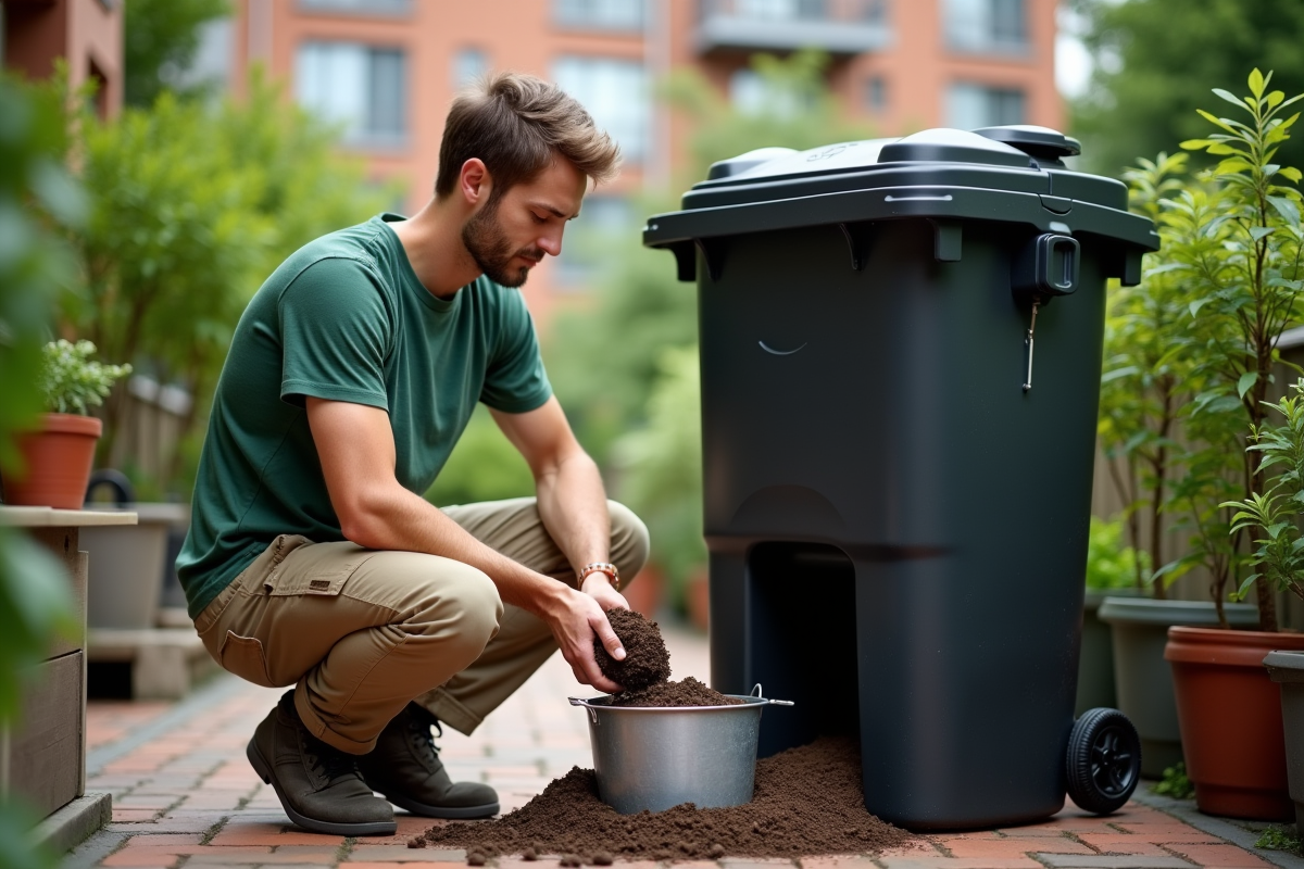 Jeune homme manipulant compost dans un jardin urbain