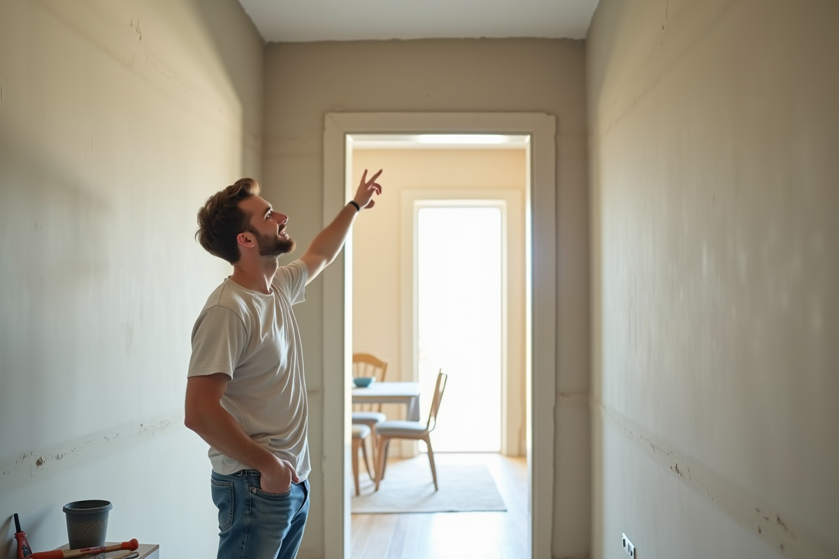 Jeune homme inspectant un mur en plâtre dans un appartement moderne