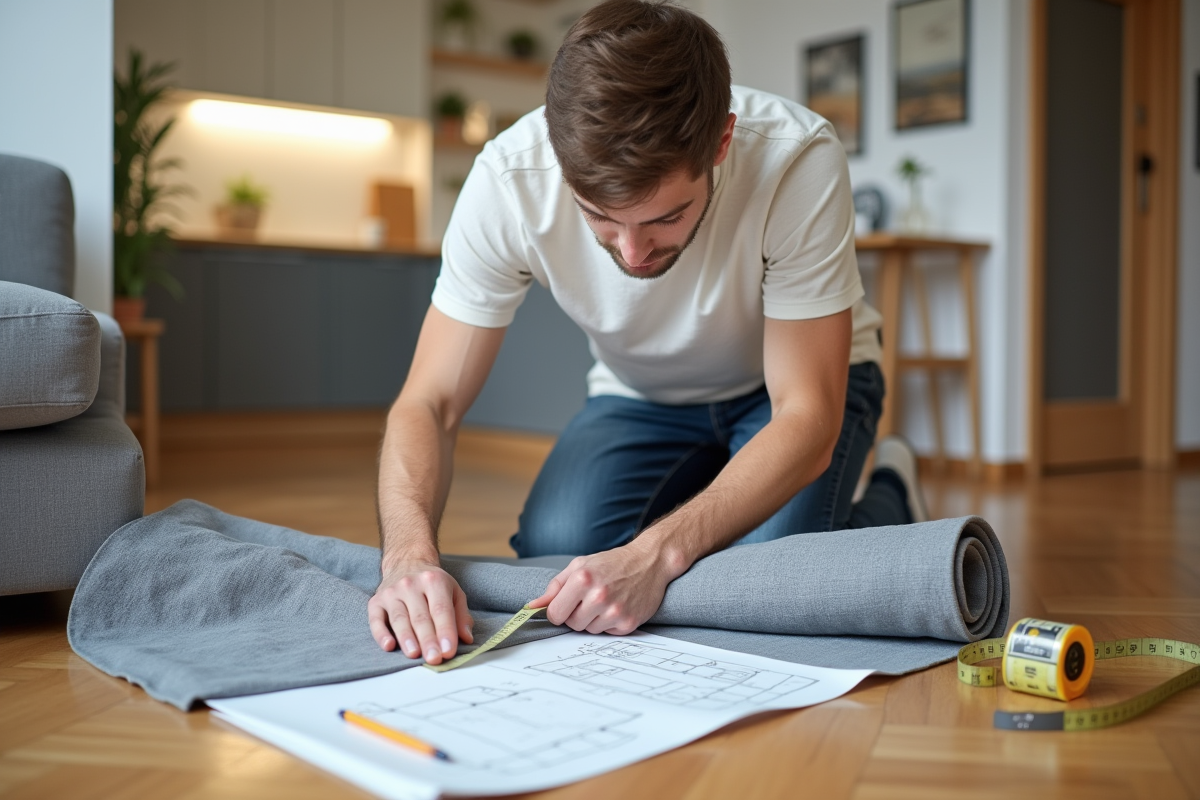 Jeune homme déployant un tissu dans un intérieur moderne