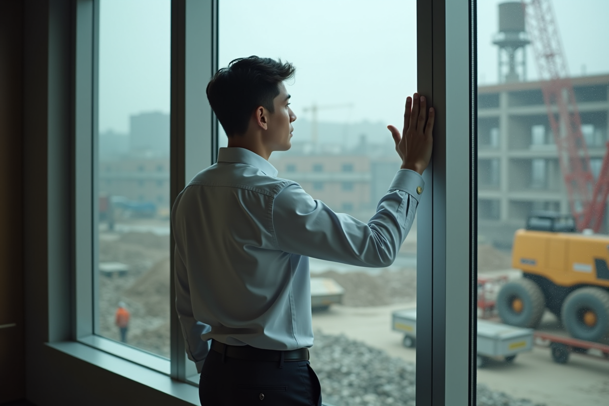 Jeune homme regardant par la fenêtre sur un chantier animé