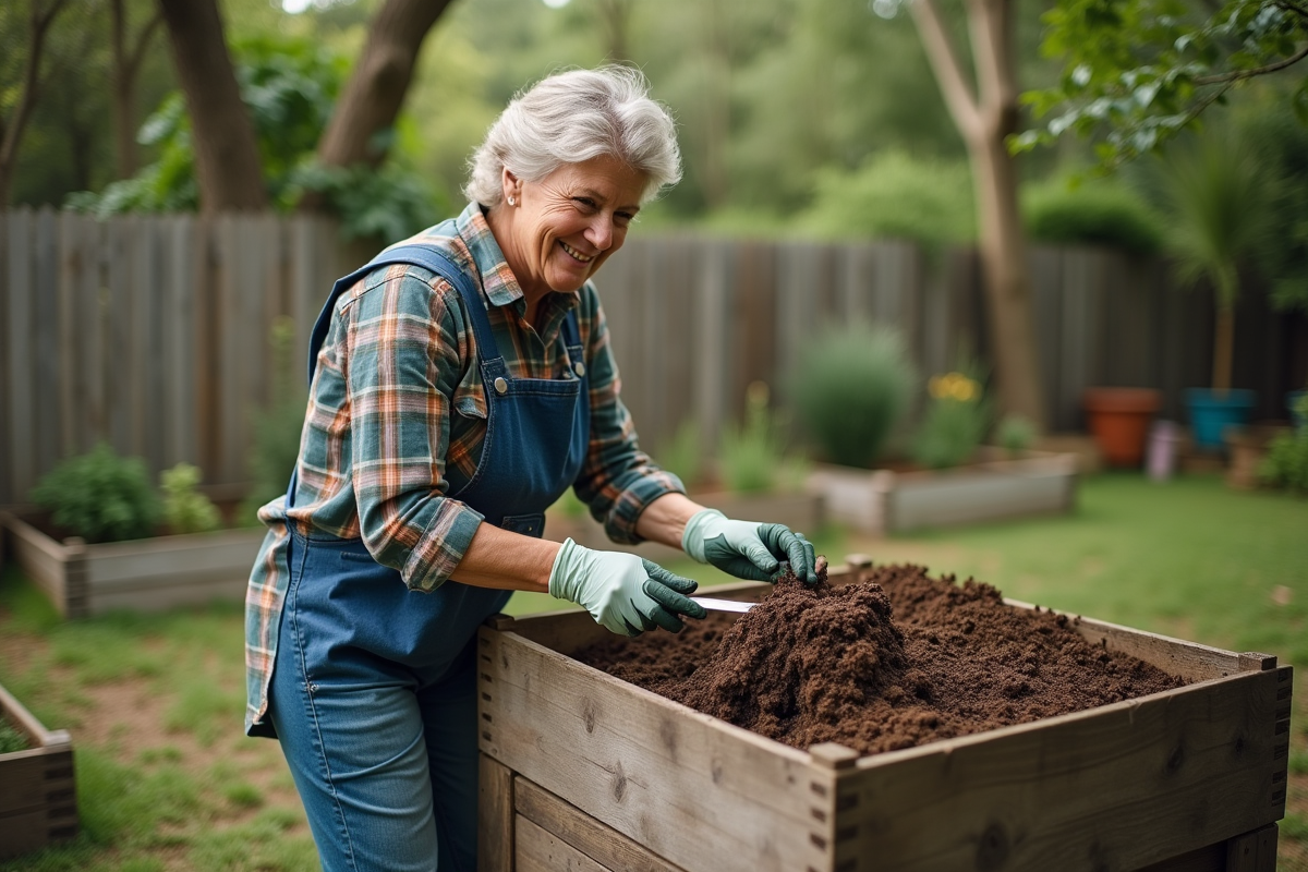 Femme extractant compost dans le jardin avec un trowel