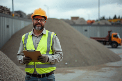 Ouvrier de construction en gilet jaune dans un dépôt de gravier