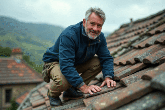Couvreur en action posant des tuiles en pierre sur un toit rural