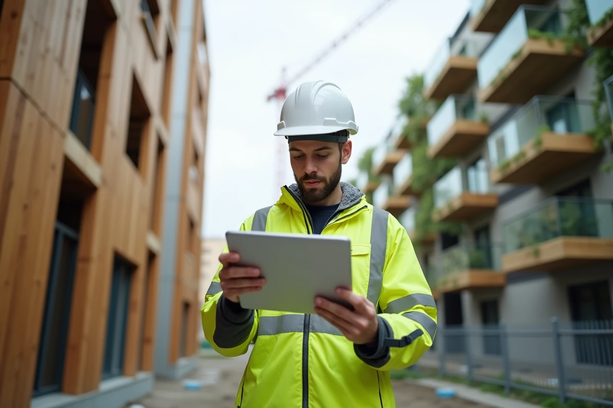 Jeune ouvrier en extérieur surveillant un chantier écologique