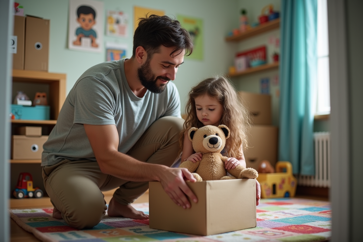 Père aidant sa fille à emballer un doudou dans la chambre