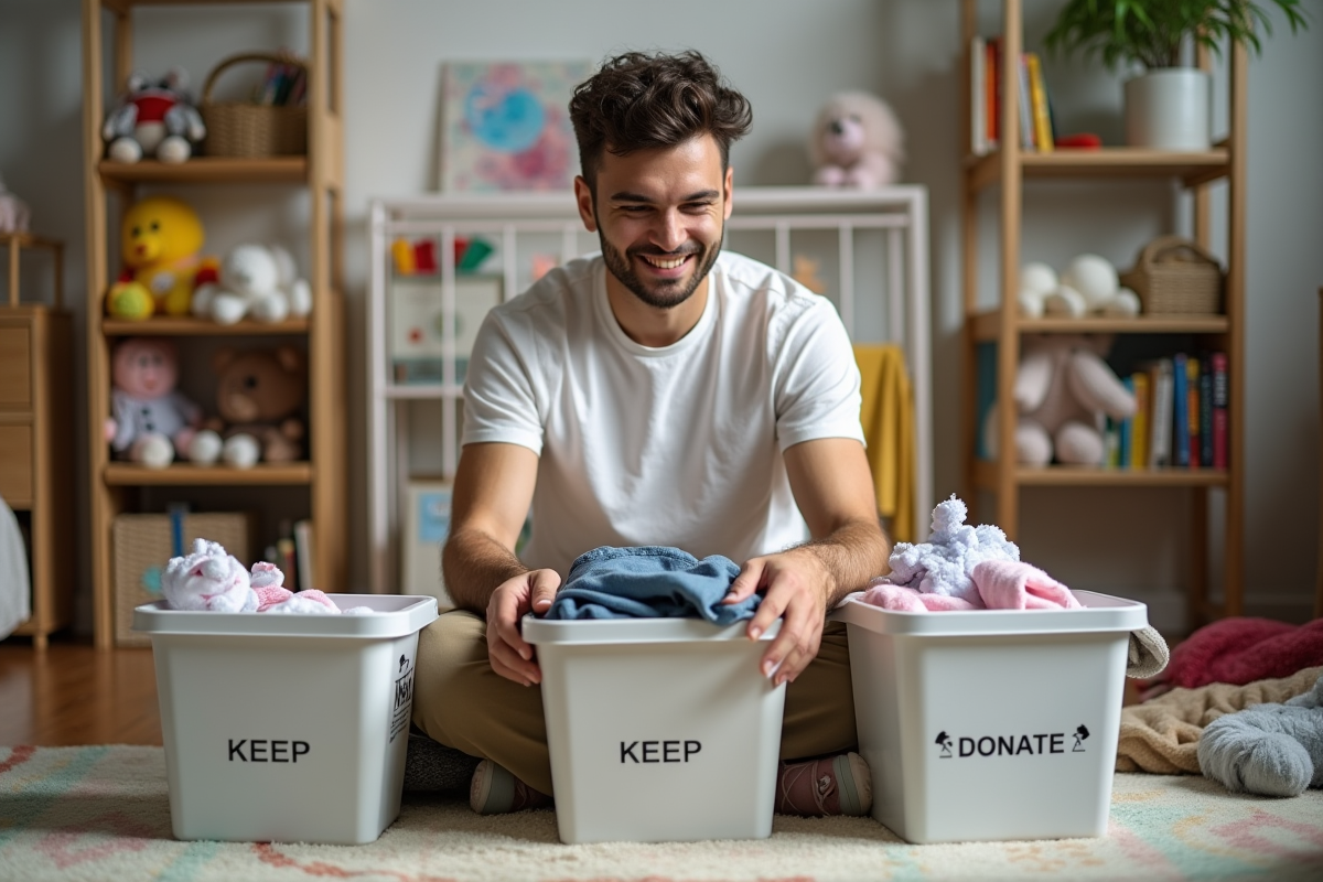 Pere triant jouets et vetements dans la chambre d
