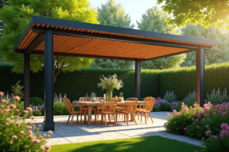 Pergola moderne dans un jardin verdoyant ensoleille