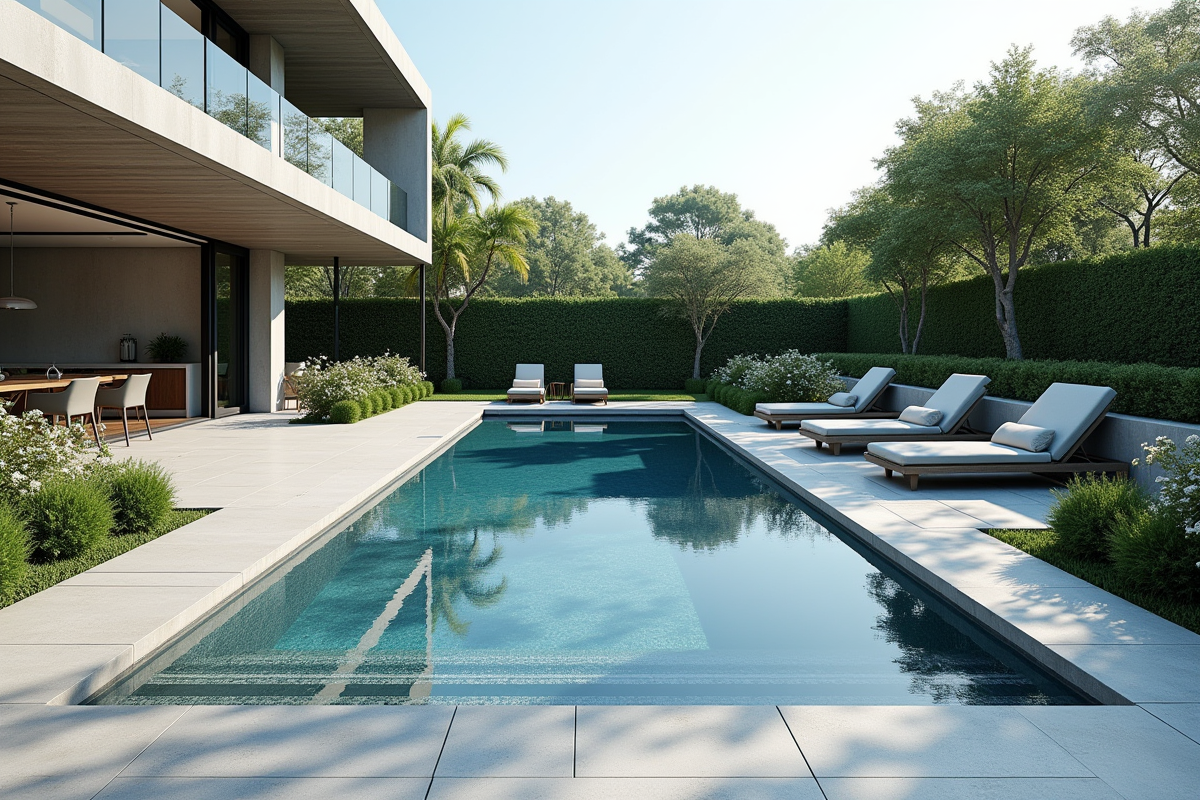 Piscine moderne dans un jardin contemporain avec mobilier élégant