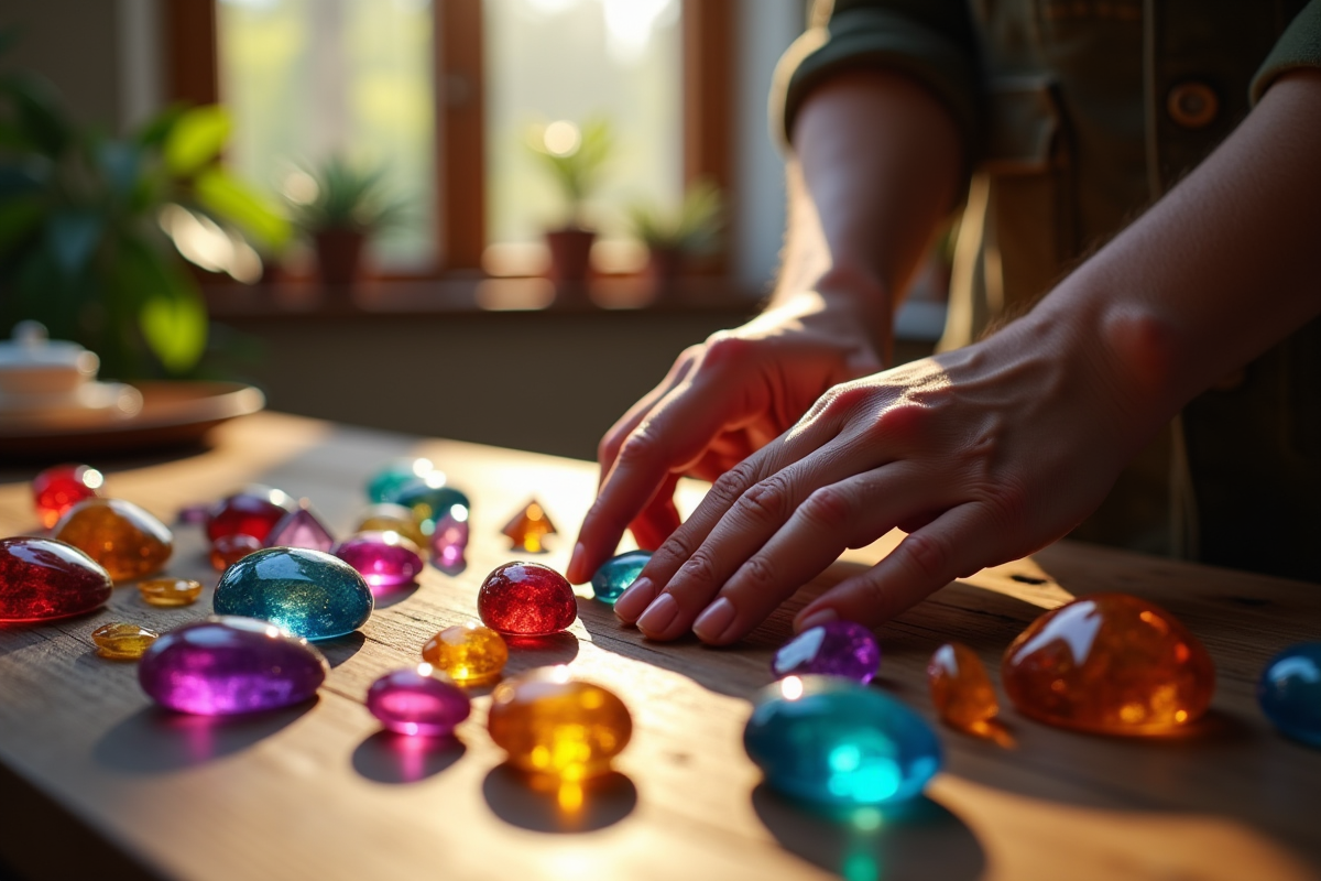 Personne polissant des gemmes colorées sur une table en bois